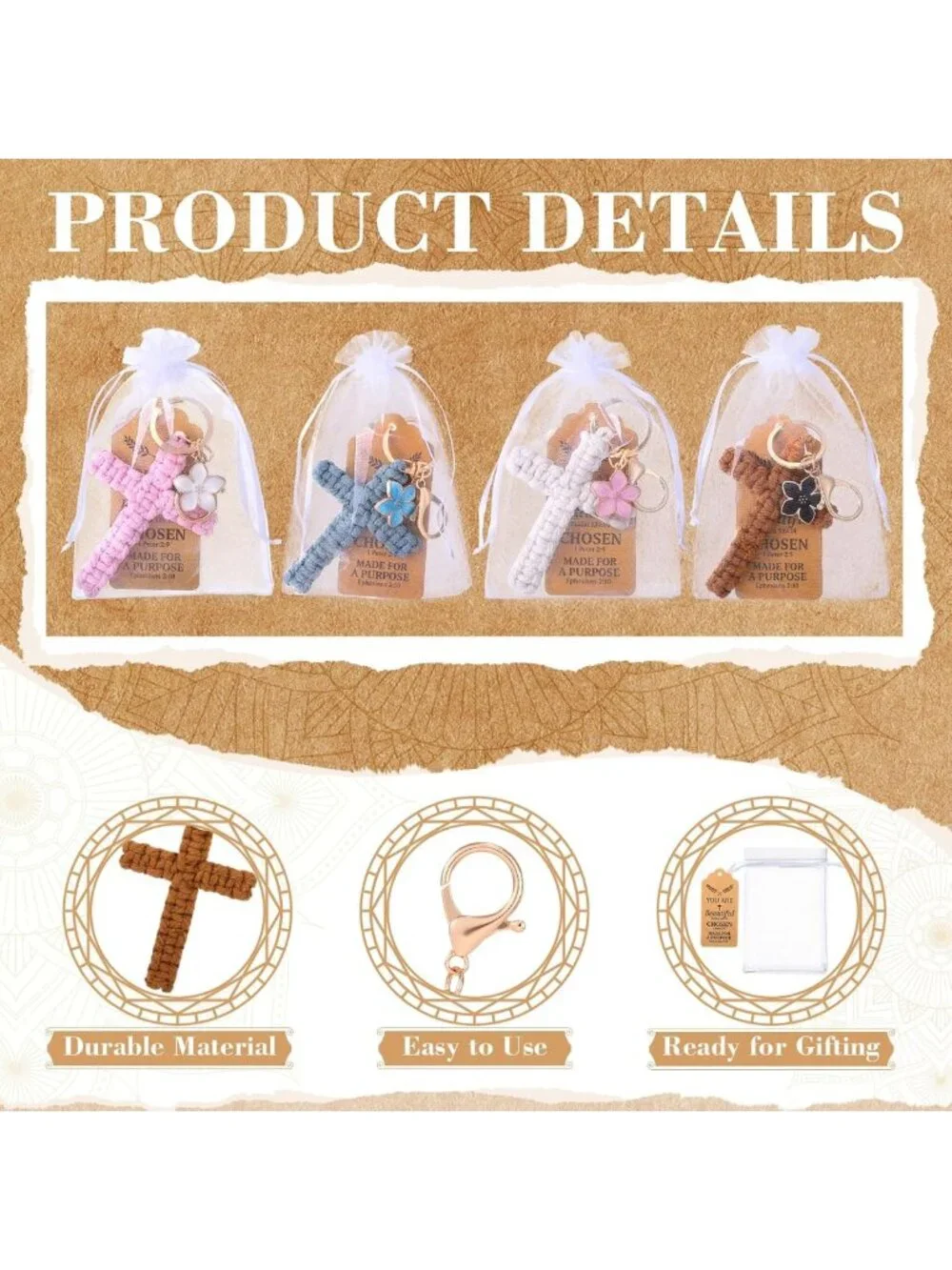 12 Macrame Cross Keychains Set with Inspirational Cards & Flower Charm - Boho